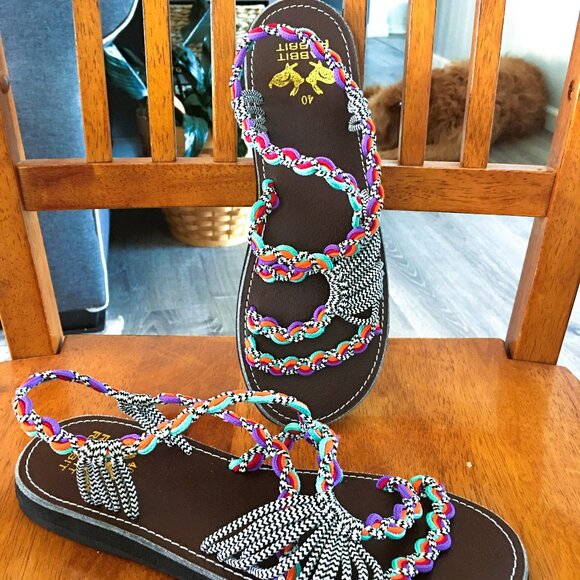 Rabbit Rabbit Sandals Sz 9.5 (40) Colorful Braided Strappy Sandals NEW! - Picture 1 of 6